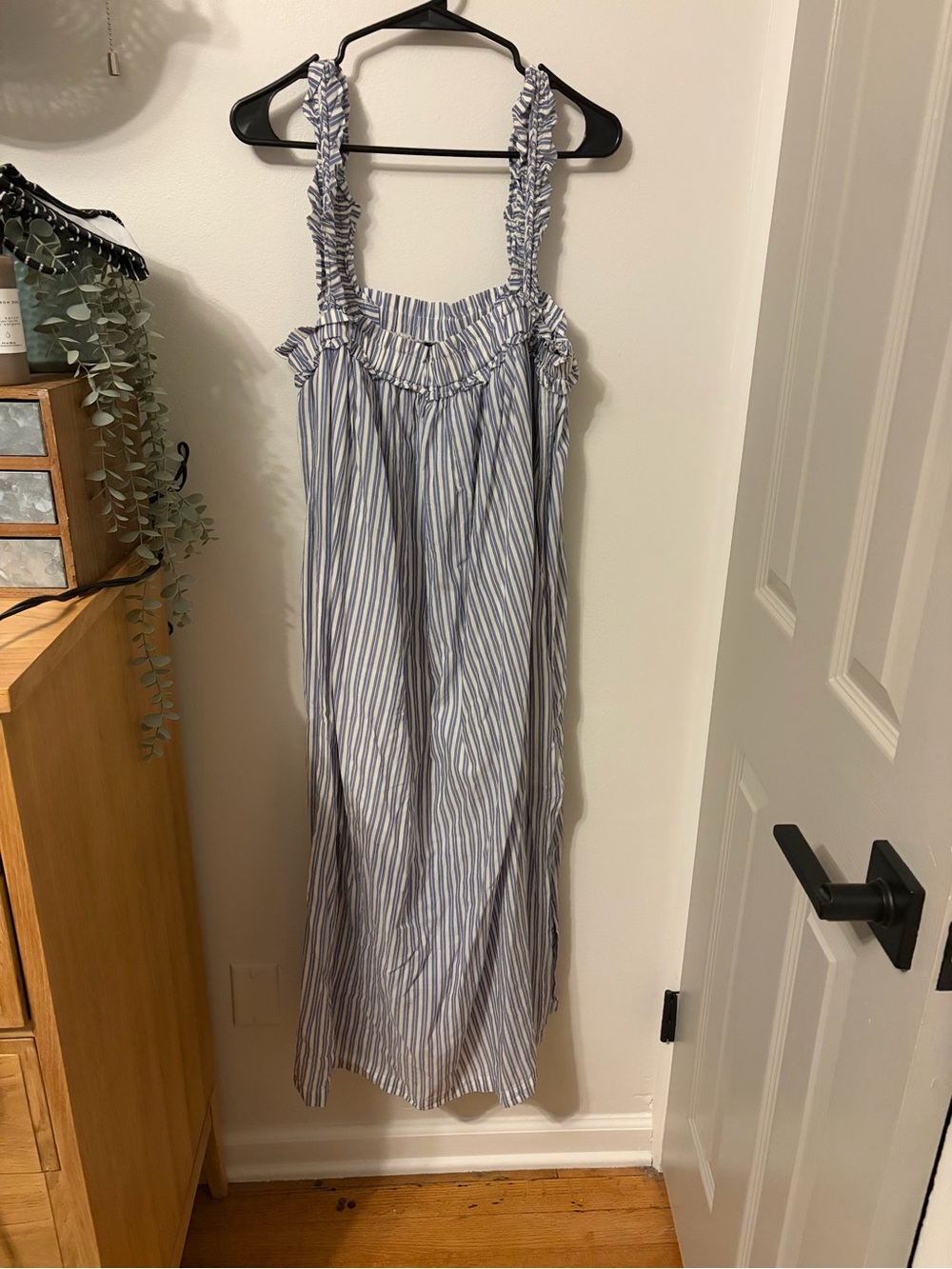 J. Crew Blue and White Striped Ruffle-Trim Sundress